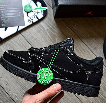 Чоловічі кросівки Nike Air Jordan 1 Low x Travis Scott 'Black Phantom' весна-осінь повсякденні чорні. Живе фото