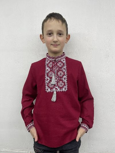 Сорочка для хлопчика "Француз" Льон Бордовий вишивка - Сірий)