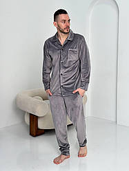 Домашній костюм Піжама чоловіча ВЕЛЮР ПЛЮШ сорочка і штани СВІТЛО-СІРИЙ