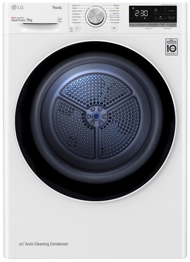 LG Сушильная машина тепловой насос, 9кг, A++, 69см, дисплей, автоматическая очистка конденсатора, белый - фото 1 - id-p2088325196