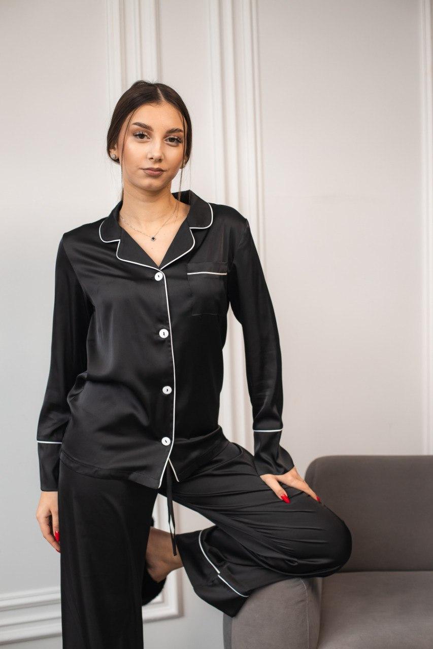 Домашній Коплектіз шовку армані Жіноча піжама сорочка і штани BRAND ЧОРНИЙ, фото 1