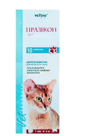 Празикон кет антигельминтик для кошек 10 таблеток (1 таблетка на 4 кг) - фото 1 - id-p2088381103