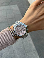 Стильные женские молодежные часы на руку на металлическом ремешке без стразов и камушек серебристые с розовым циферблатом