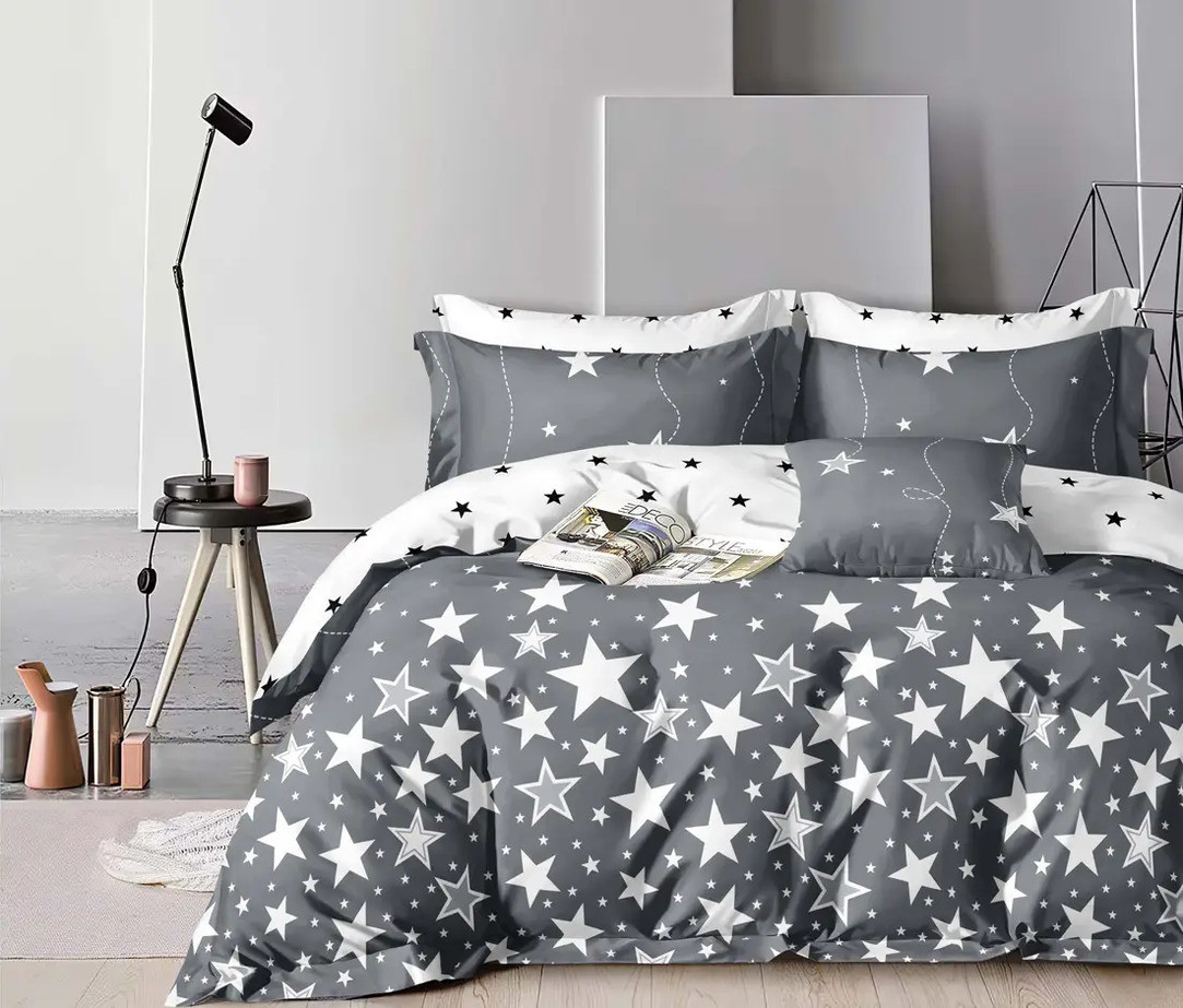 Сатинова двоспальна постільна білизна 180х220 (21995) Щільна постільна двоколірна з друкованим малюнком, фото 1