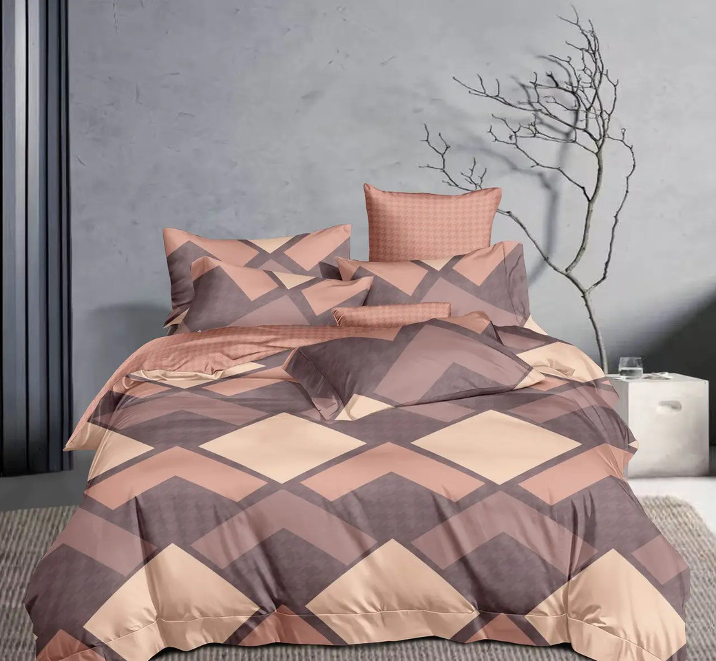 Сатинова двоспальна постільна білизна 180х220 (22001) Щільна постільна двоколірна з друкованим малюнком, фото 1