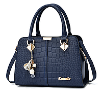 Модная женская сумка с брелком из эко кожи с двумя ручками,сумка женская классическая  под рептилию Синий