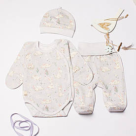 Комплект одягу дитячий 3 од. унісекс RoyalBaby Сірий із зайками з боді (байка) на зріст 56, 0-3 міс