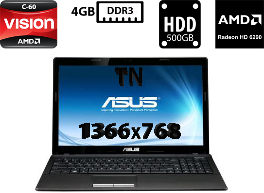 Ноутбук Asus K53U/15.6"TN(1366x768)/AMD C-60 with Radeon HD Graphics 1.00GHz/4GB DDR3/HDD 500GB/AMD Radeon HD 6290 (384MB DDR3)