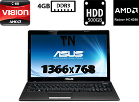 Ноутбук Asus K53U/15.6"TN(1366x768)/AMD C-60 with Radeon HD Graphics 1.00GHz/4GB DDR3/HDD 500GB/AMD Radeon HD 6290 (384MB DDR3)