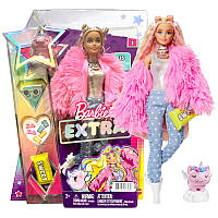 Кукла Barbie Extra Барби Экстра Блондинка шарнирная в розовом пушистом жакете Doll #3 GRN28 оригинал