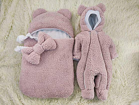 Хутряний комплект Тедді для новонароджених дівчаток, спальник та комбінезон 56-62, пудра