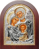 Серебряная Икона Святая Семья 20х25см арочной формы на деревяном киоте