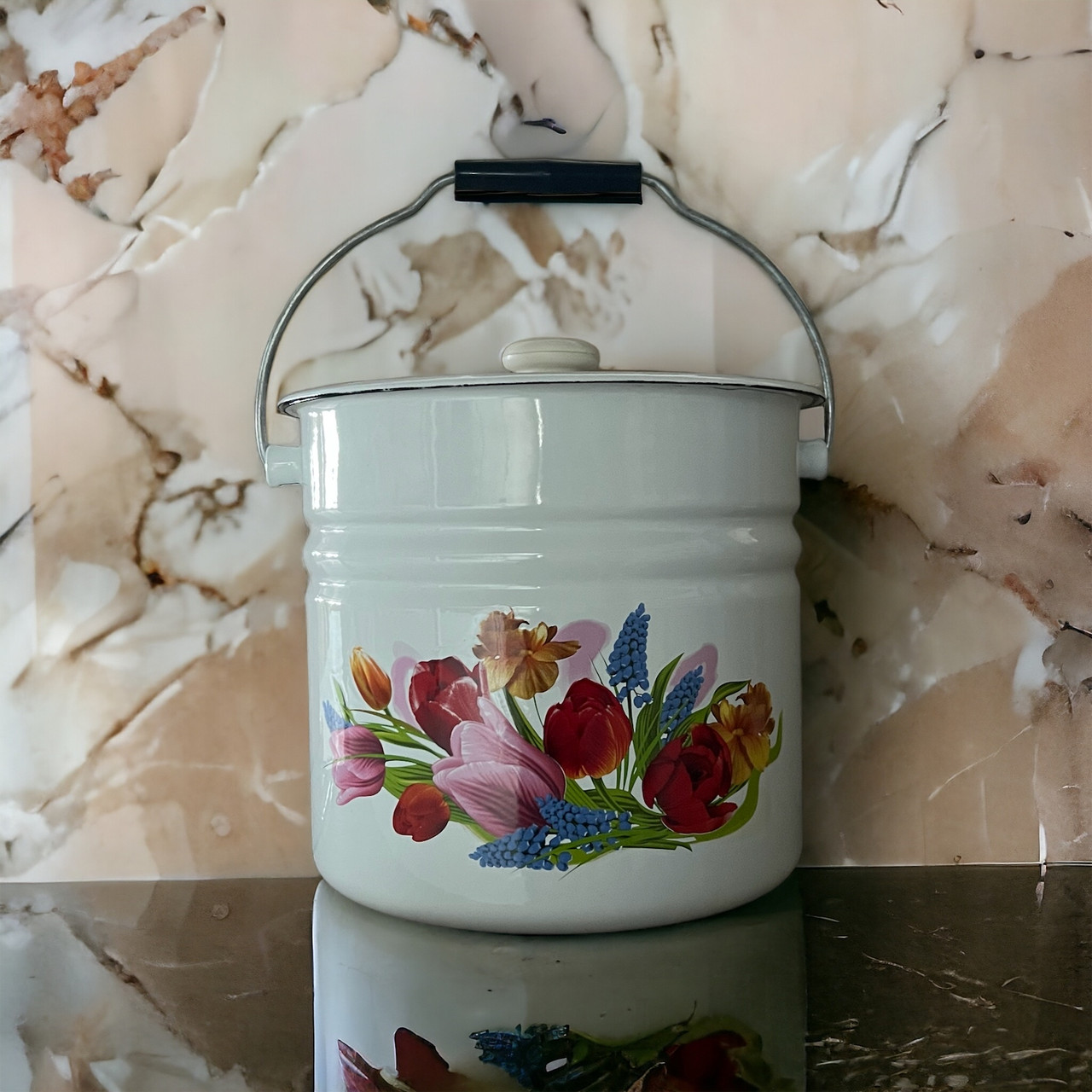 Відро емальоване з кришкою 12л Весняний букет 1224/2 Idilia