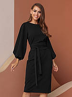 Изысканное классическое женское платье с объемными рукавами и поясом, черное