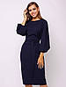 Вишукане класичне жіноче плаття з об'ємними рукавами та поясом, темно-синє, фото 3