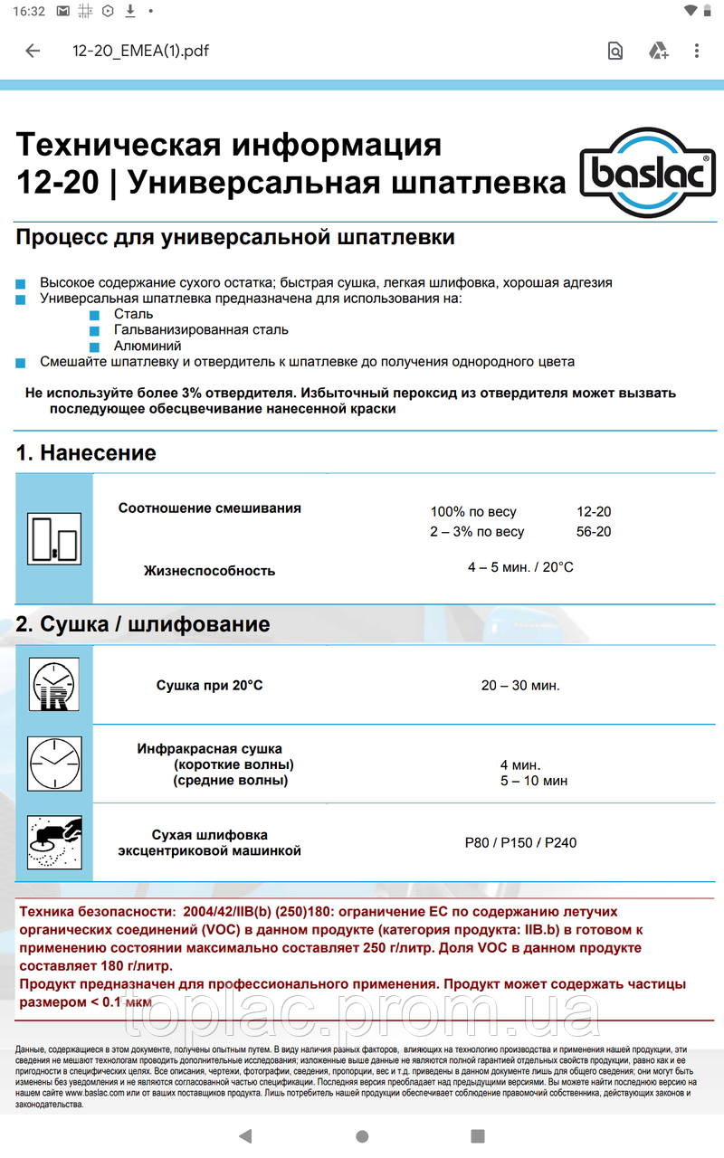 Шпаклівка автомобільна універсальна 12-20 Baslac (1,5кг) + затв 56-20(40г) - фото 2 - id-p2088518342