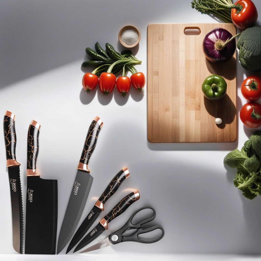 Качественный набор кухонных ножей с узором на подставке с точилом из нержавеющей стали 6 предметов, Черный - фото 3 - id-p2088525873