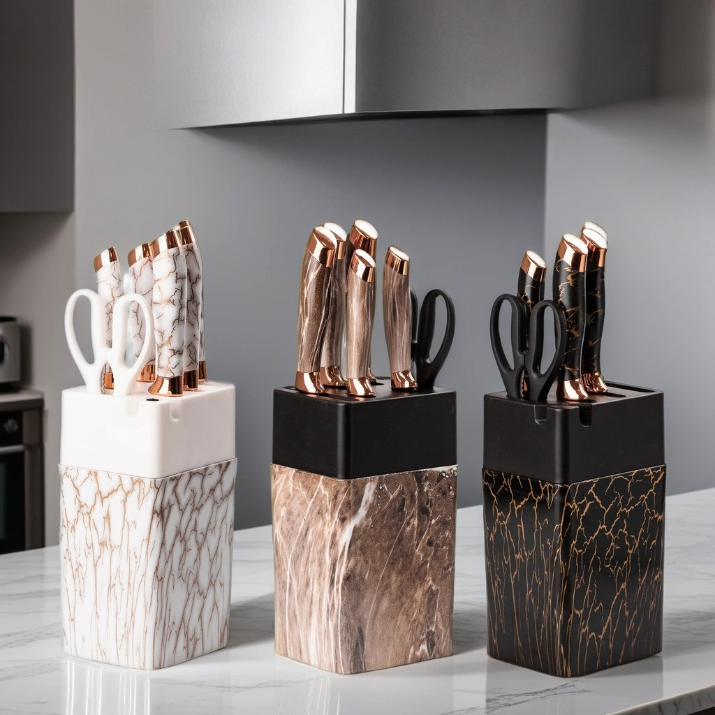 Качественный набор кухонных ножей с узором на подставке с точилом из нержавеющей стали 6 предметов, Черный - фото 7 - id-p2088525873