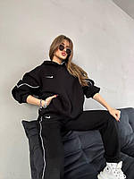 Женский теплый базовый спортивный костюм Найк худи с капюшоном и штаны Nike с кантом трехнить на флисе Черный, 44/46