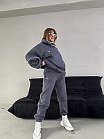 Женский теплый базовый спортивный костюм Найк худи с капюшоном и штаны Nike с кантом трехнить на флисе Графит, 44/46