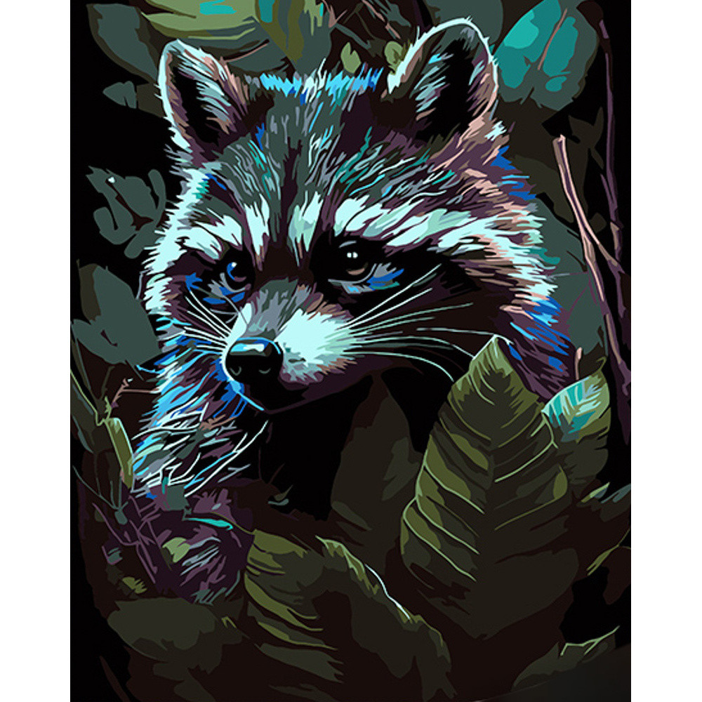 Картини за номерами тварини 40х50 Розпис за номерами на чорному полотні Єнот серед лісу Живопис по номерам Strateg AH1026, фото 1