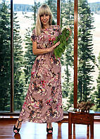 Софтовое длинное платье цвета пудра с цветочным принтом. Размеры от 44 до 58