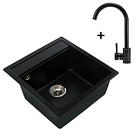 Кухонна мийка прямокутна гранітна чорна та кран змішувач чорний комплект