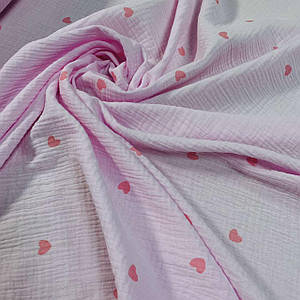 Тканина муслін жатий двошаровий, рожеві сердечка на рожевому (шир.1,35 м) (MS-JAT-2-0102)