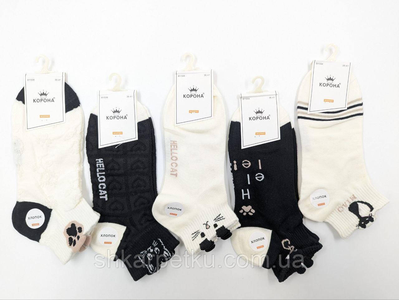 Жіночі короткі літні шкарпетки Корона Hello Cat, бавовна, розмір 36-41, 10 пар/уп асорті, фото 1