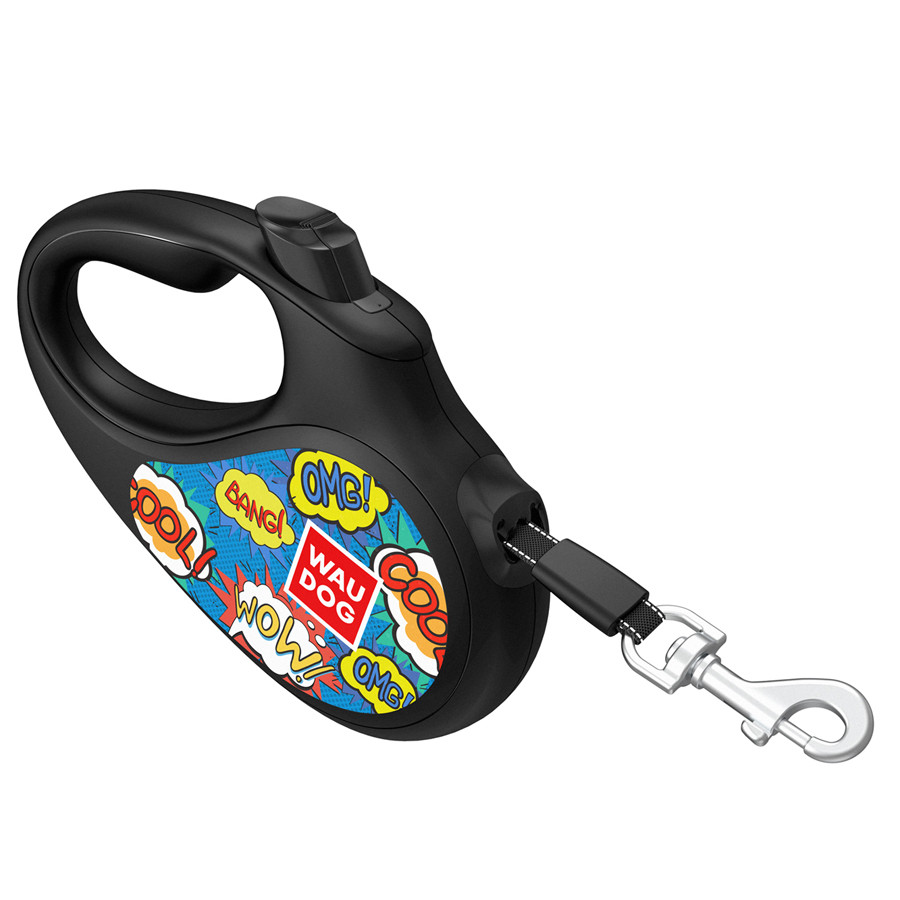 Поводок-рулетка для собак WAUDOG R-leash, рисунок "ВАУ", L, до 50 кг, 5 м, светоотражающая лента черный - фото 2 - id-p2088589123