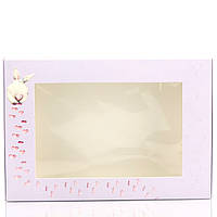 Подарункова коробка з прозорим верхом ніжно-рожевого кольору з малюнком зайчика з сердечками 265*180*65 мм.