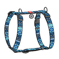 Шлея для собак анатомічна H-подібна WAUDOG Nylon з QR-паспортом, малюнок "Етно синій", пластиковий