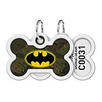 Адресник для собак і котів металевий WAUDOG Smart ID з QR-паспортом, малюнок "Бетмен зелений", кістка, Д 40