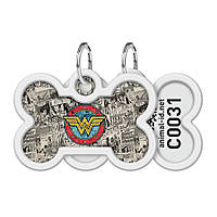 Адресник для собак і котів металевий WAUDOG Smart ID з QR-паспортом, малюнок "Диво-жінка 2", кістка, Д 40