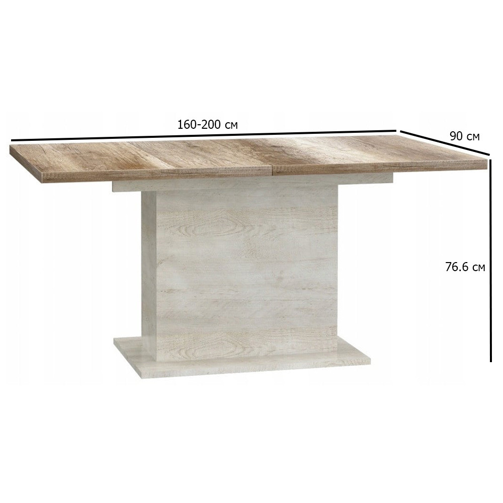 Розсувний обідній стіл на одній ніжці Duro 160-200х90 см сосна біла та дуб античний у скандинавському стилі, фото 1