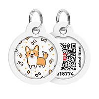Адресник для собак і котів металевий WAUDOG Smart ID з QR-паспортом, малюнок "Корги", круг, Д 30 мм