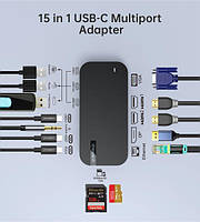 Док-станция USB Type-C 15-в-1 Choetech HUB-M52-GY [HDMI / PD / картридер / LAN / USB-A / USB-C Аудио]