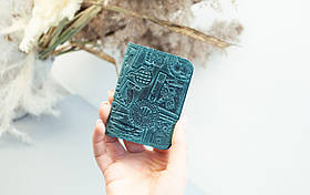 Обкладинка для ID паспорта жіноча шкіряна темно-бірюзова з тисненням Марки та штемпелі України | Обкладинка на права