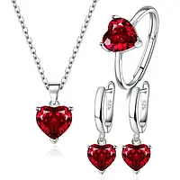 Женский комплект ювелирных изделий с красным цирконом Red Heart Set серебро 925 пробы серьги, подвеска, кольцо