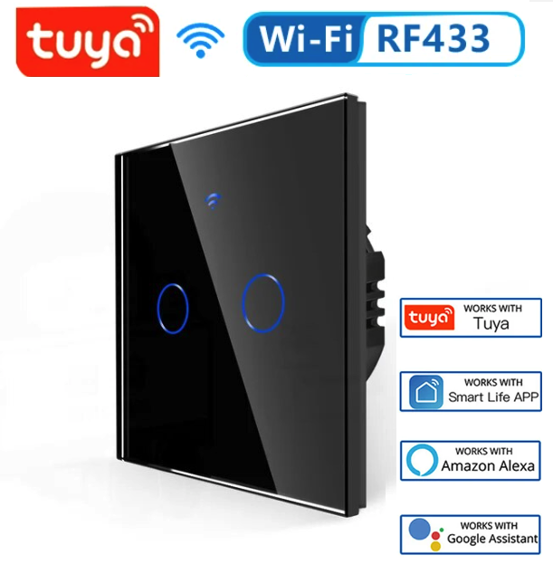 WiFi Сенсорный выключатель 2 линии, черный RF 433Mhz Smart Home умный закаленое стекло,Tuya для ванной кухни - фото 1 - id-p1817961085