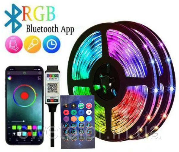 Світлодіодна стрічка LED RGB 10м USB 5V крапля роси Bluetooth + мікрофон, музичний