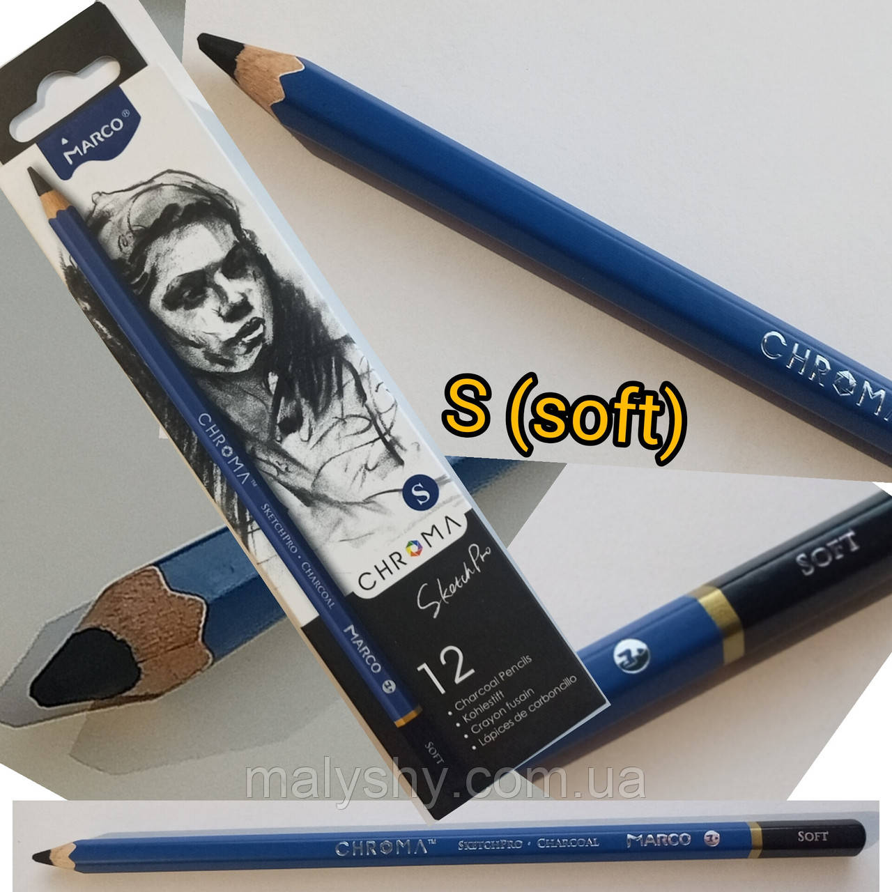 Вугільний олівець шестикутній чорний Charcoal "SketchPro" Marco Chroma / 1040S -soft / марко / 1шт
