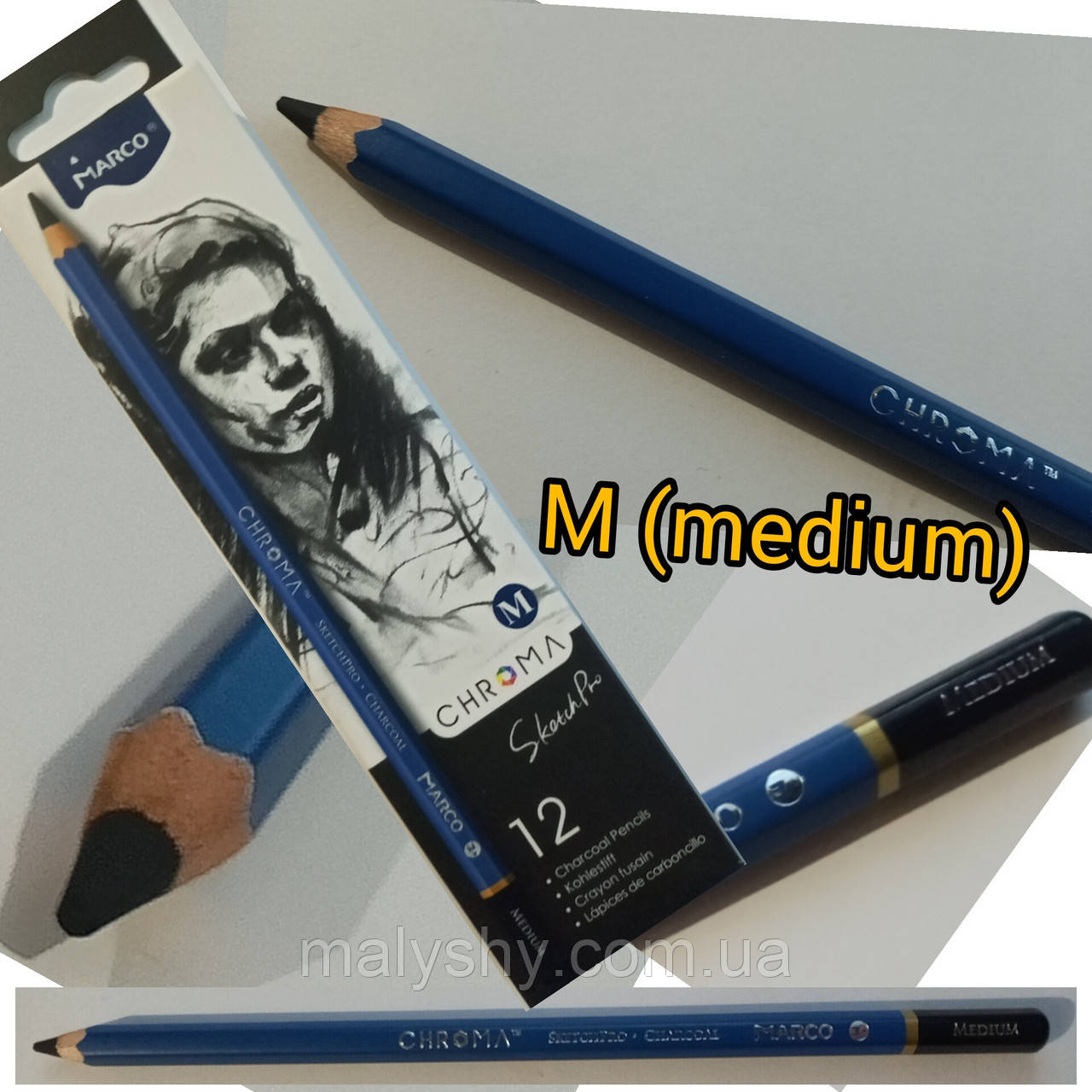 Вугільний олівець шестикутній чорний Charcoal "SketchPro" Marco Chroma / 1040M -medium / марко / 1шт