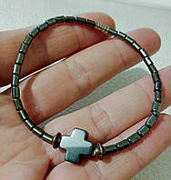 Браслет лечебный из Гематита с гематитовым крестом , 3-4 мм.