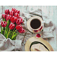 Алмазна мозаїка "Чашка кава та рожеві тюльпани" Brushme DBS1048 40х50 см 0201 Топ!