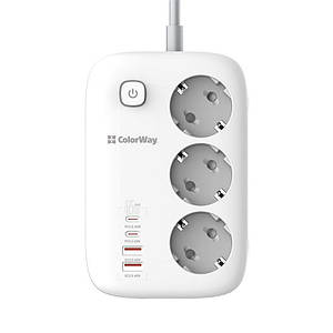 Мережевий фільтр ColorWay CW-CHE34PDW GaN3 Pro PD 65W (2USB-A + 2 TYPE-C) 3 розетки, 4 USB, 2 м, білий