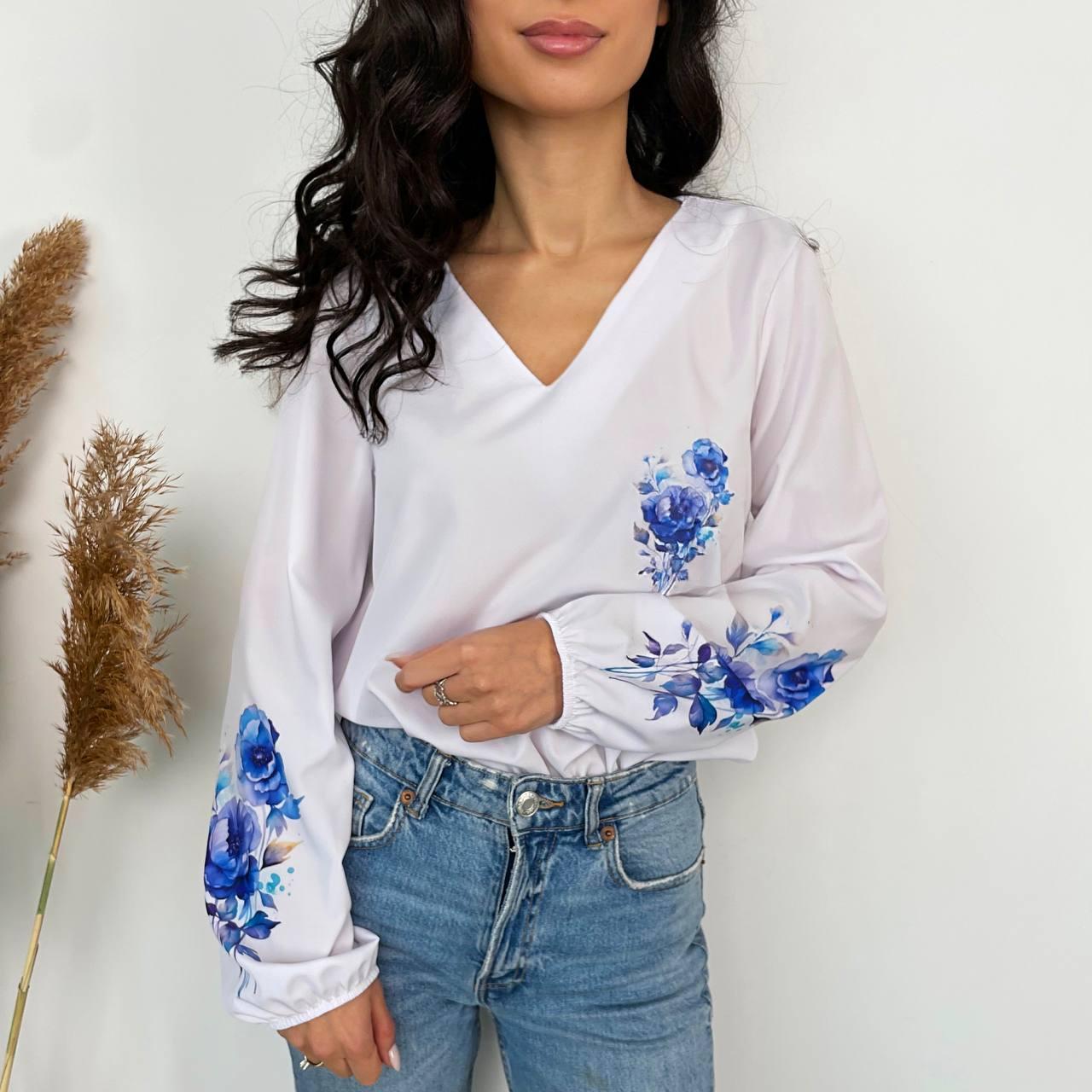 Жіноча біла блузка з імітацією вишивки, фото 1