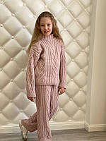 Детский вязаный костюм с широкими брюками палаццо розового цвета для девочек 122-158 р