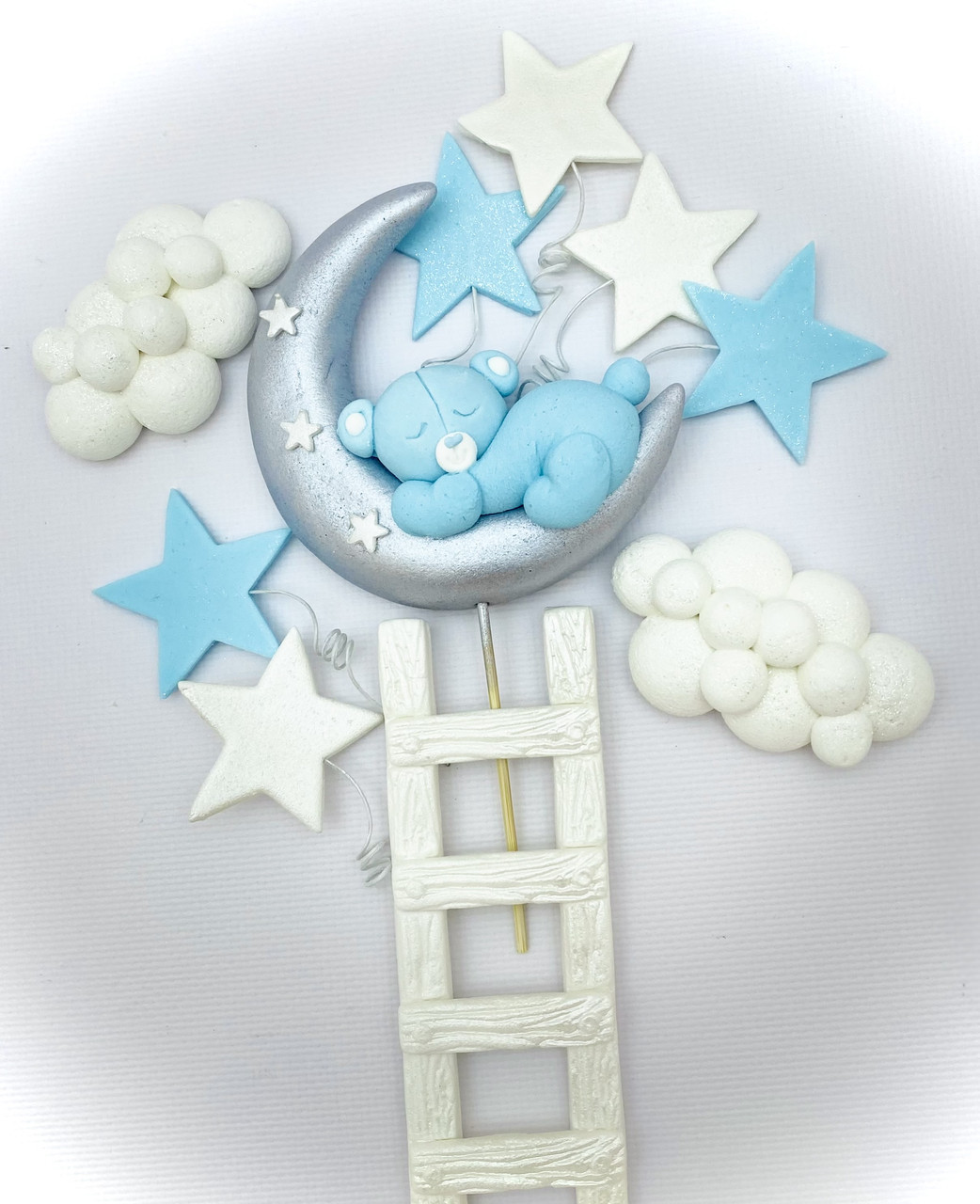 Їстівний декор для прикрашання тортів, цукрові фігурки, Набір "Ведмедик на місяці" блакитний