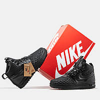 Мужские зимние кроссовки Nike Lunar Force 1 Duckboot 17 All Black (черные) Найк Лунар Форс высокие с мехом